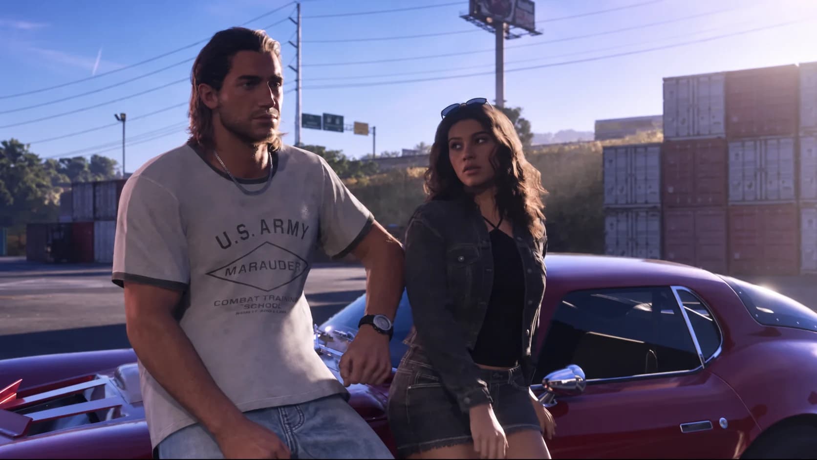 جیسون و لوسیا کنار خودروی زرشکی؛ بازپردازی رنگی تصویر تریلر GTA VI با پالت 1v5